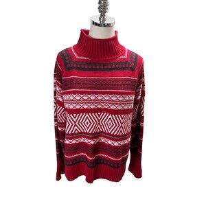 Chaps Sweater Women's Size Medium Red White Geometric Turtle Neck Cotton Blend